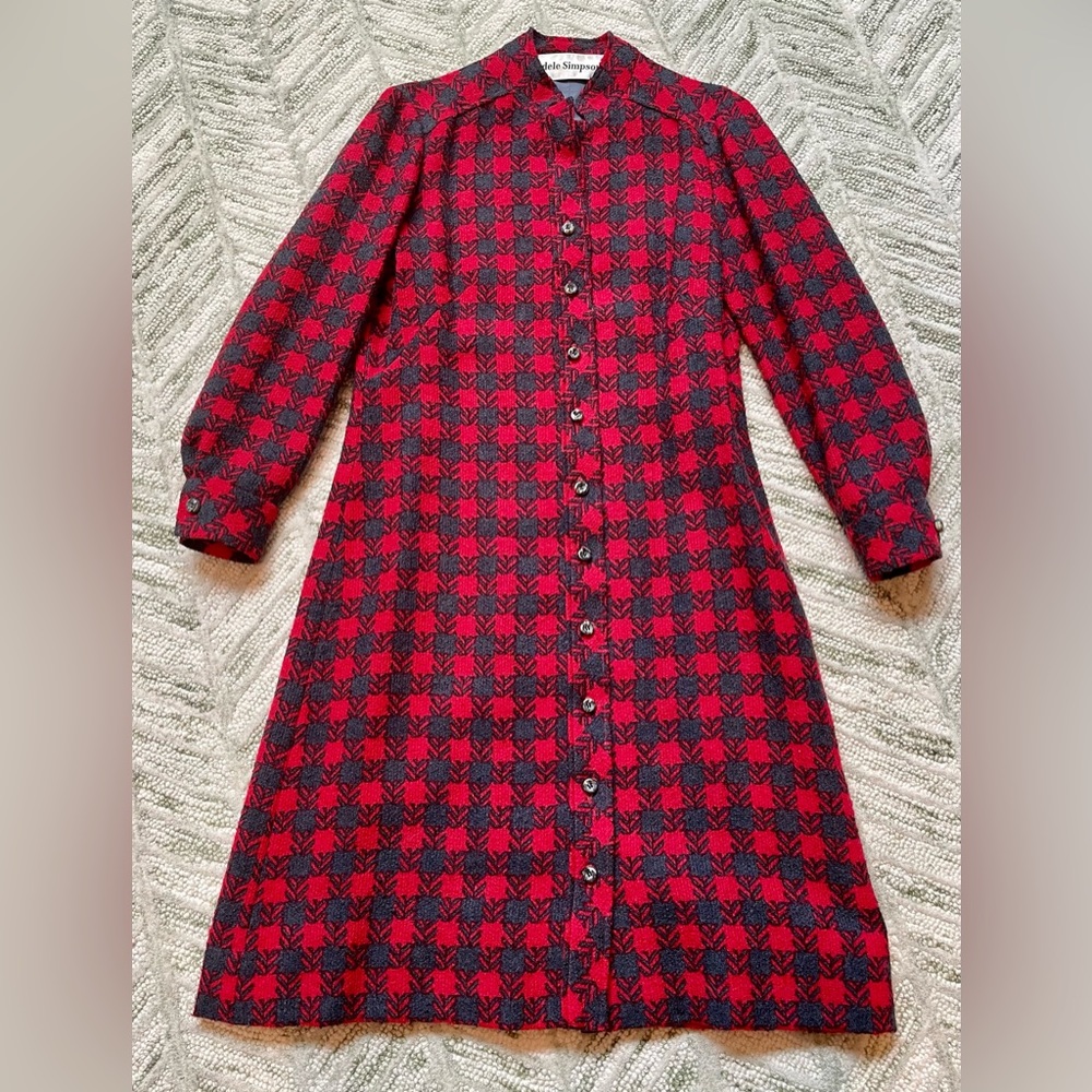 Vintage 60's/70's Adele Simpson Red and Black  Wool Coat Dress Belt Missing